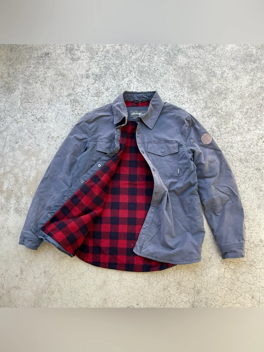 Distressed Eddie Bauer Outdoor Flannel Lined Blue Grey Shirt Jacket Shaket Sz L